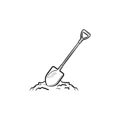 Mining shovel in rock hand drawn outline doodle icon. Shovel for digging as mining industry concept vector sketch illustration for print, web, mobile and infographics isolated on white background.