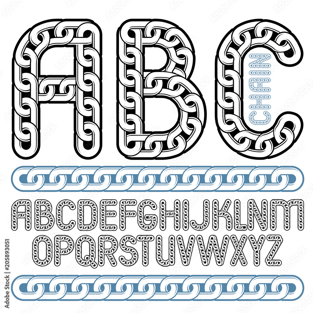 Poster vector type font, script from a to z. capital decorative letters, abc created using connected chain 