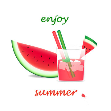 glass of watermelon juice and watermelon slices  isolated on the white background, square vector illustration