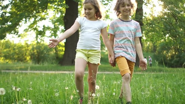 Teenage couple are walking in a clearing. Summer vacation, first love, school love. Dynamic video