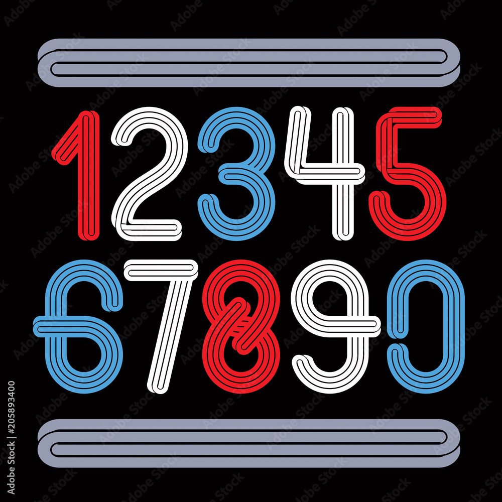 Poster set of vector funky rounded numbers made with parallel lines, can be used for logo creation in enter