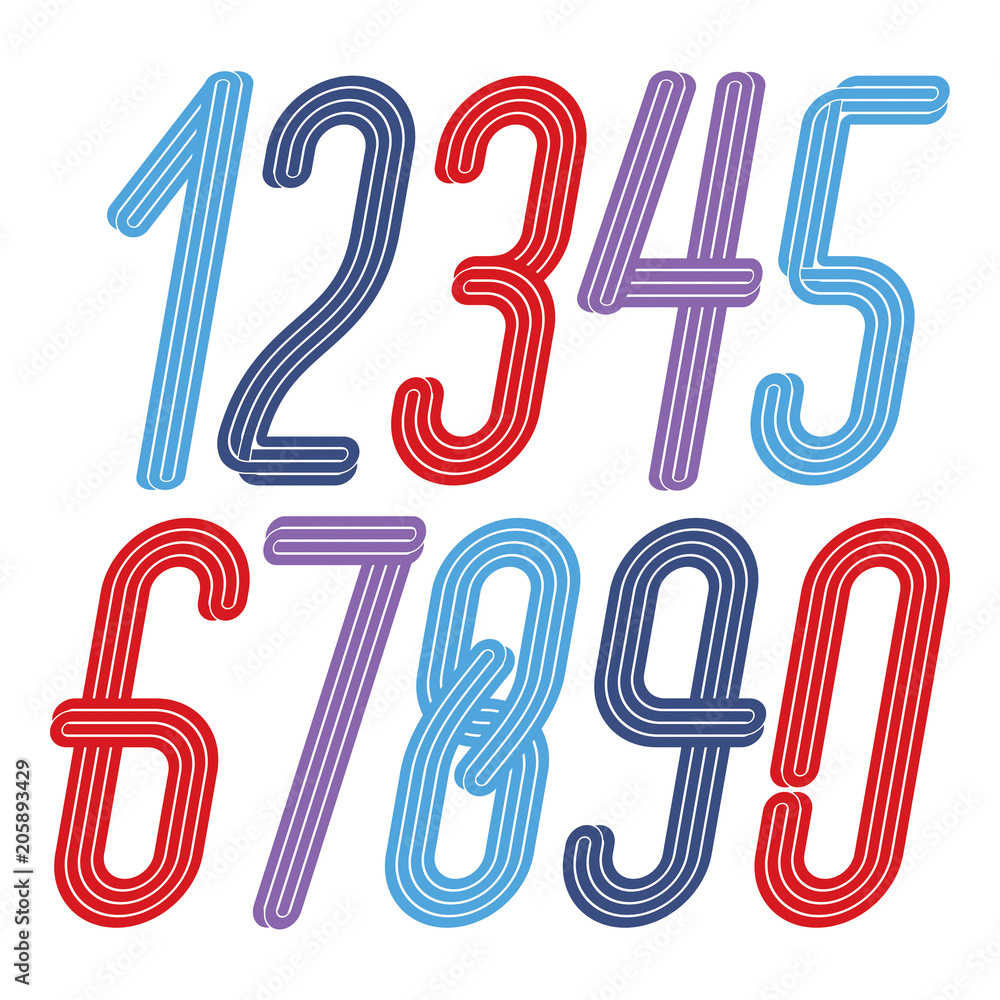 Poster set of vector tall elegant condensed funky numbers from 0 to 9 made with parallel stripes, best for 