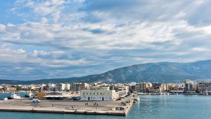 Volos port and harbor at morning with Pelion mountain in background, Greece