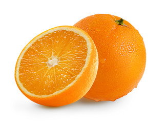 One whole orange and one half in a cut isolated on a white background. Fruit in water drops for packing