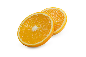 Two orange slices isolated on white background. Fruits for packaging juice