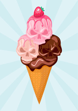 Waffle cone with strawberry, vanilla and chocolate ice cream in the shape of a skull