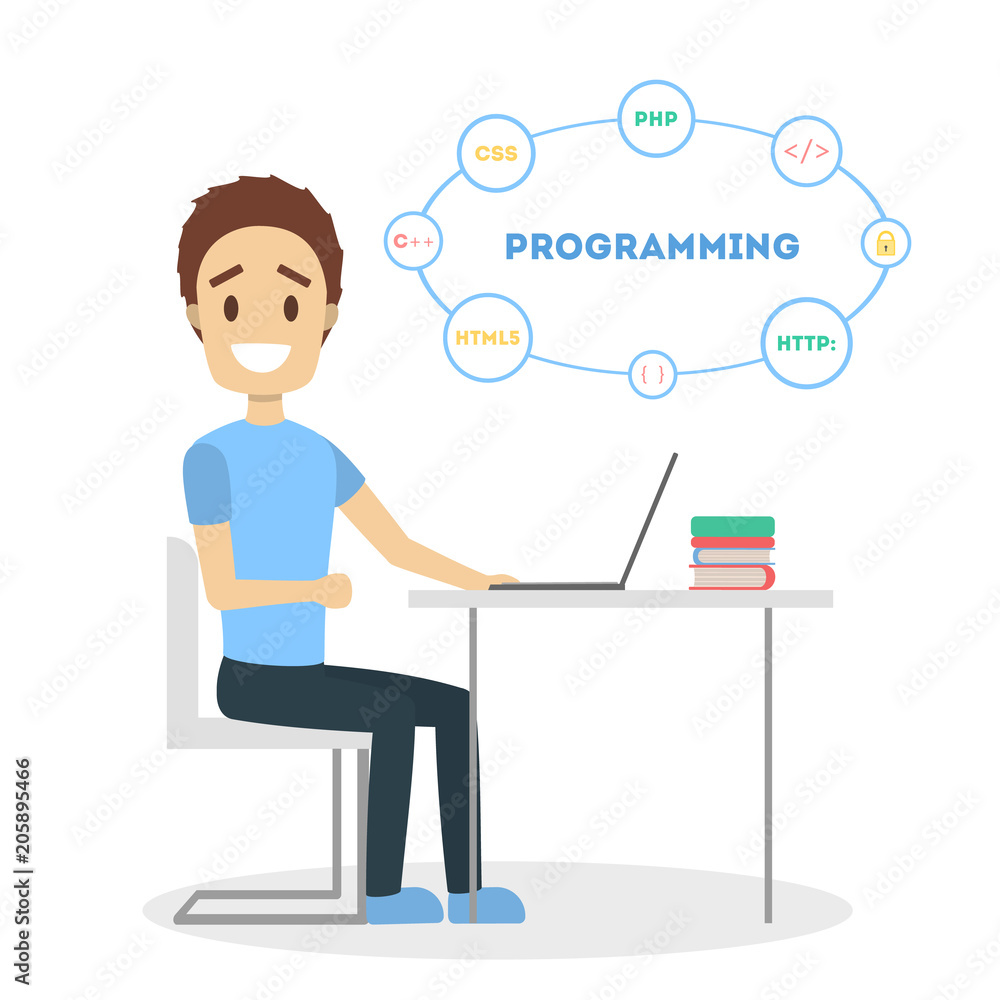 Poster programmer with laptop.