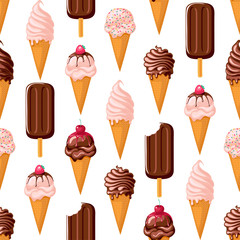 Chocolate ice cream cone with strawberry and cherry topping. Seamless pattern on white background