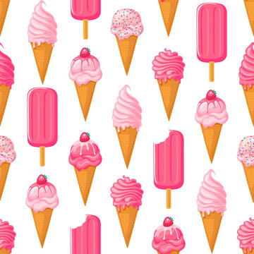 Pink Ice Cream Seamless Pattern On White Background