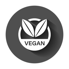 Vegan label badge vector icon in flat style. Vegetarian stamp illustration with long shadow. Eco natural food concept.