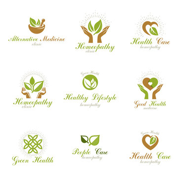 Living in harmony with nature metaphor, set of green health idea logos. Wellness center abstract modern emblems.