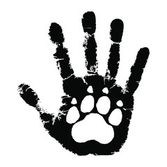 Take care of animals. Animal paw print on handprint human. Isolated black symbol on white background. Abstract vector illustration.  © archivector