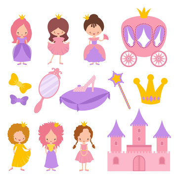 Cute little princess with crown and fairy-tale vector elements