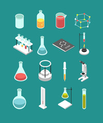 Isometric 3d chemical laboratory equipment. Chemistry attributes vector icons isolated