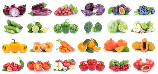 Obst und Gemüse Früchte Apfel Tomaten Paprika Orangen Beeren Salat Zwiebeln Farben Collage Freisteller freigestellt isoliert