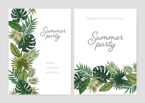 Set of summer party invitation, poster, flyer templates with borders made of green foliage of tropical plants and exotic palm tree leaves on white background and place for text. Vector illustration.