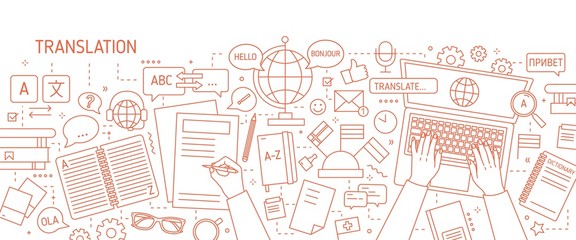 Monochrome banner with hands typing on laptop keyboard and writing on paper drawn with contour lines on white background. Translation of foreign languages. Vector illustration in lineart style.