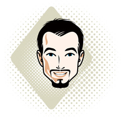 Caucasian man face expressing happiness, vector human head illustration. Attractive bearded male with whiskers.