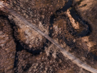 river in the forest in autumn, view from the air