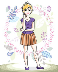 Attractive young blonde woman standing on background of spring landscape and wearing stylish casual clothes. Vector human illustration.