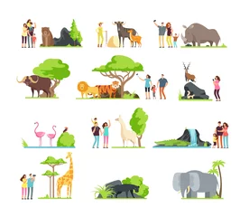 Poster Happy families, kids with parents and wild zoo animals in wildlife park. Vector cartoon set isolated on white background © MicroOne