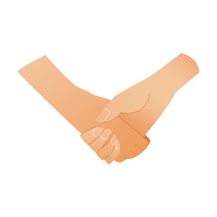 Two human hands shaking symbol - greeting or business deal concept isolated on white background. Cartoon vector illustration of male or female wrists in handshake gesture.