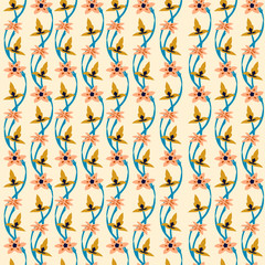 Floral vector seamless pattern with bound rod. Oriental, art deco, modern style. Pastel tones background. Approaches for decoration of a wall, wrap paper, design of textile for children.