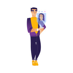 Video call chat conference with man using holographic device to converse with young woman isolated on white background. Cartoon vector illustration of online communication.