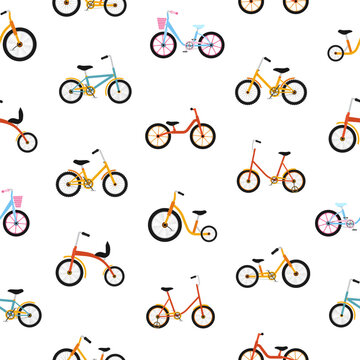 Modern seamless pattern with kids bicycles of various types