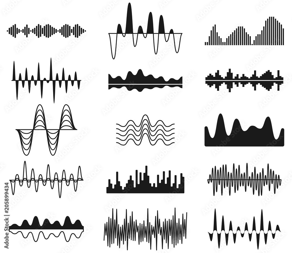 Poster sound frequency waves. analog curved signal symbols. audio track music equalizer forms, soundwaves s