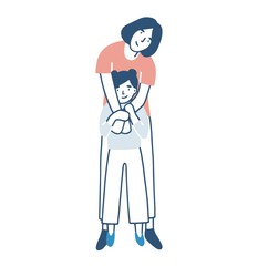Smiling mother and daughter warmly hugging or cuddling. Mom standing behind child girl and embracing her. Happy loving family. Cute pretty female cartoon characters. Colored vector illustration.