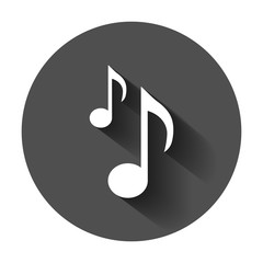 Music note icon in flat style. Sound media illustration with long shadow. Audio note business concept.
