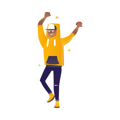 Delight and amorous african man with hands up - cartoon vector illustration of young happy and smiling boy standing with pleasant and positive emotions isolated on white background.