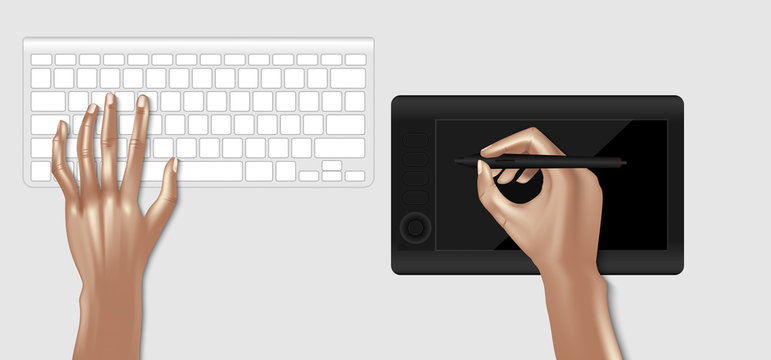Top view mockup of graphic designer workplace, Keyboard, Graphic tablet, Vector design