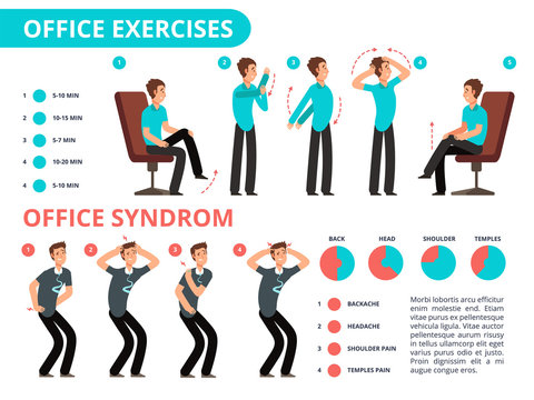 Employee doing office exercises desk. Medical vector diagram with cartoon people