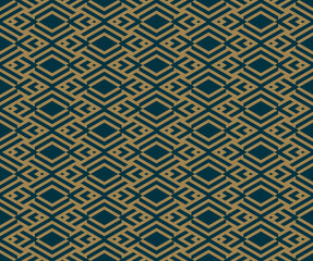Abstract geometric pattern with lines, rhombuses A seamless vector background. Blue-black and gold texture