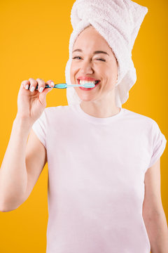 Morning Rutine Teeth Brushing Lovely Woman On Yellow Background. Good Morning Mood