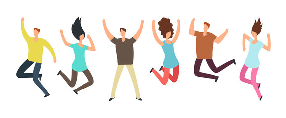 Happy jumping adult friends. Group of people in jump. Healthy active people and friendship vector concept