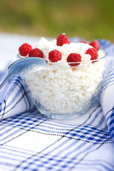 Milk and glass bowl with soft cheese and raspberry in summer