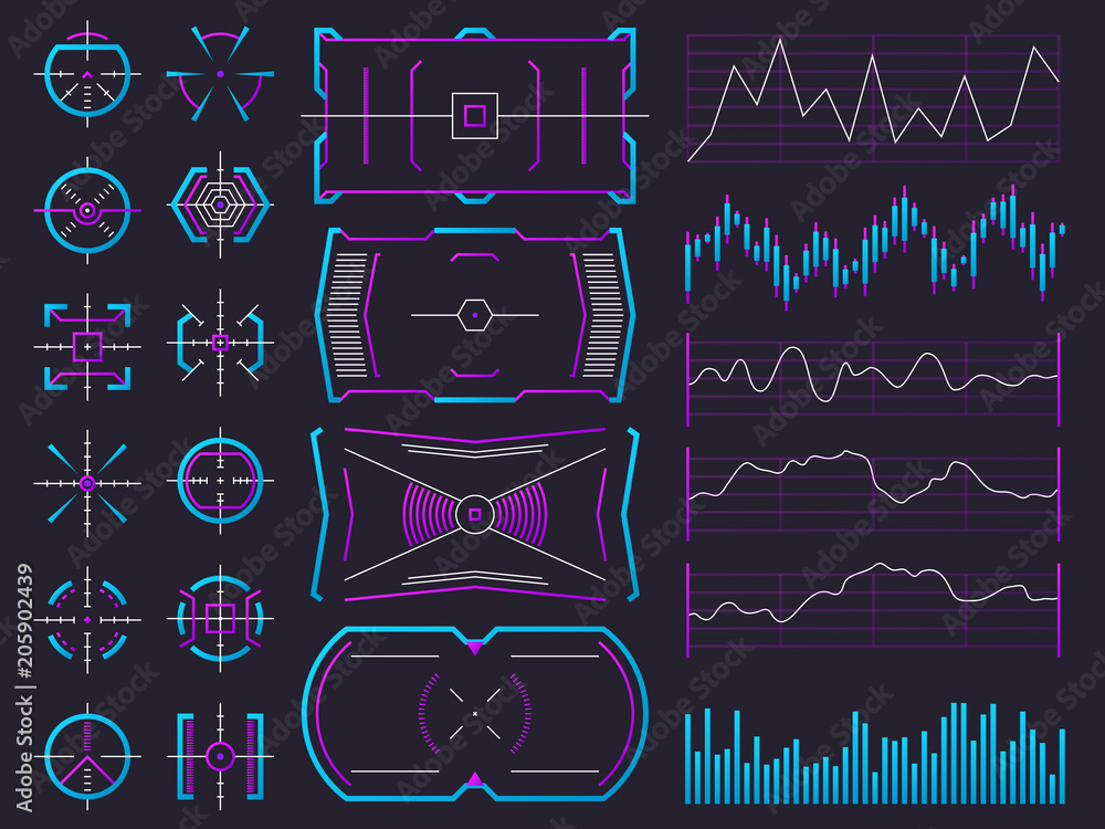 Poster futuristic ui design hologram screens. chart, graph, interface frames and warning regulators. future