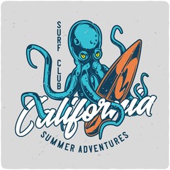 Surfing theme t-shirt or poster design with octopus and surfing board