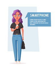 Happy girl with gadget. Cheerful, beautiful woman. Cartoon vector illustration