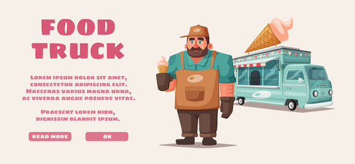Retro street food van. Funny seller character. Cartoon vector illustration.