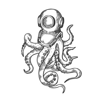 Octopus and old diver helmet engraving vector