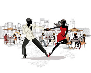  Hand drawn vector architectural background with historic buildings and people. Romantic couple in passionate Latin American dances. Salsa festival.
