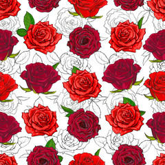 Red roses seamless pattern with hand drawn flowers with leaves on white background. Romantic floral backdrop in sketch style - vector illustration for wedding or textile design.
