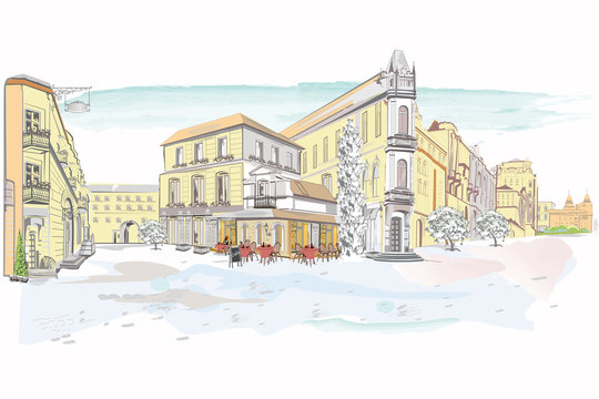 Series of street views in the old city. Hand drawn vector architectural background with historic buildings.