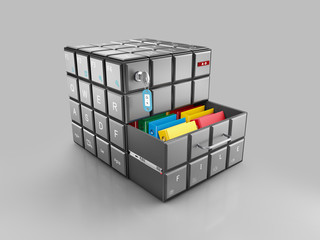Rubik's cube with keyboard buttons with files,3d Illustration