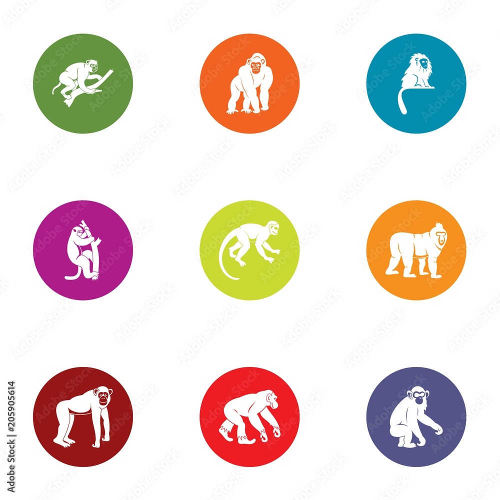 Poster simian icons set. flat set of 9 simian vector icons for web isolated on white background