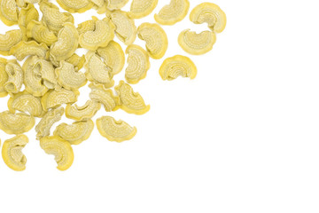 Pasta creste di gallo flatlay isolated on white background top view spinach raw.